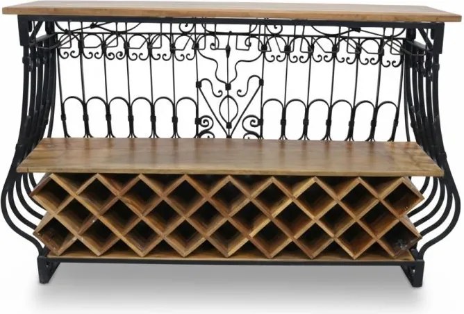 Bar din metal negru și lemn masiv, cu blat natur și rafturi, finisaj vopsit, 97 x 144 x 42 cm, „Périgord”