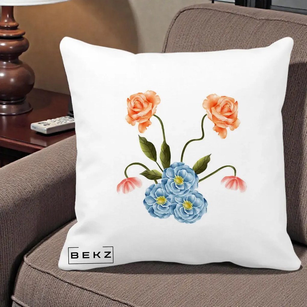 Perna Decorativa Trandafiri si Bujori Acuarela, 40x40 cm, Alba Mata, Husa Detasabila, Perna Inclusa, BEKZ®