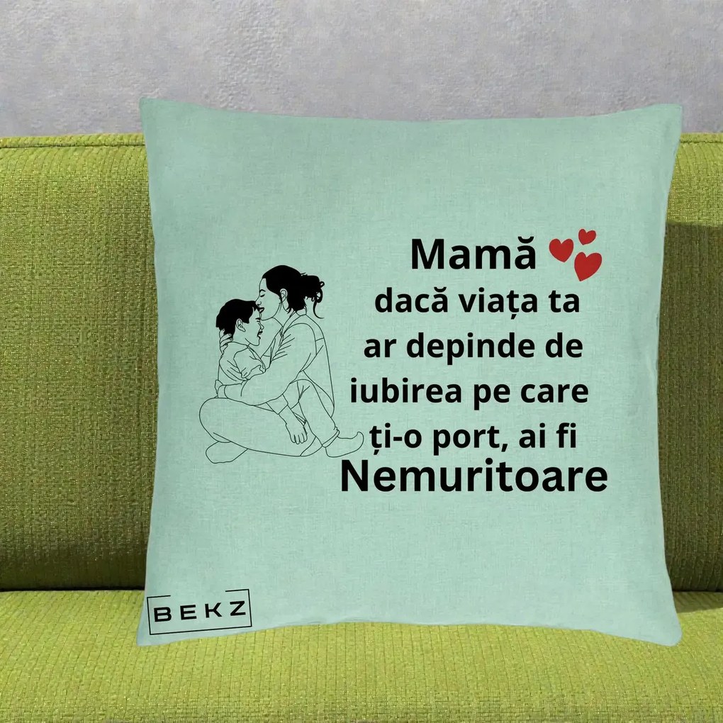 Cadou pentru Mama - Perna Personalizata Mama Nemuritoare Kawaii, 40x40 cm, Verde Menta, Husa Detasabila, Perna Inclusa, BEKZ®