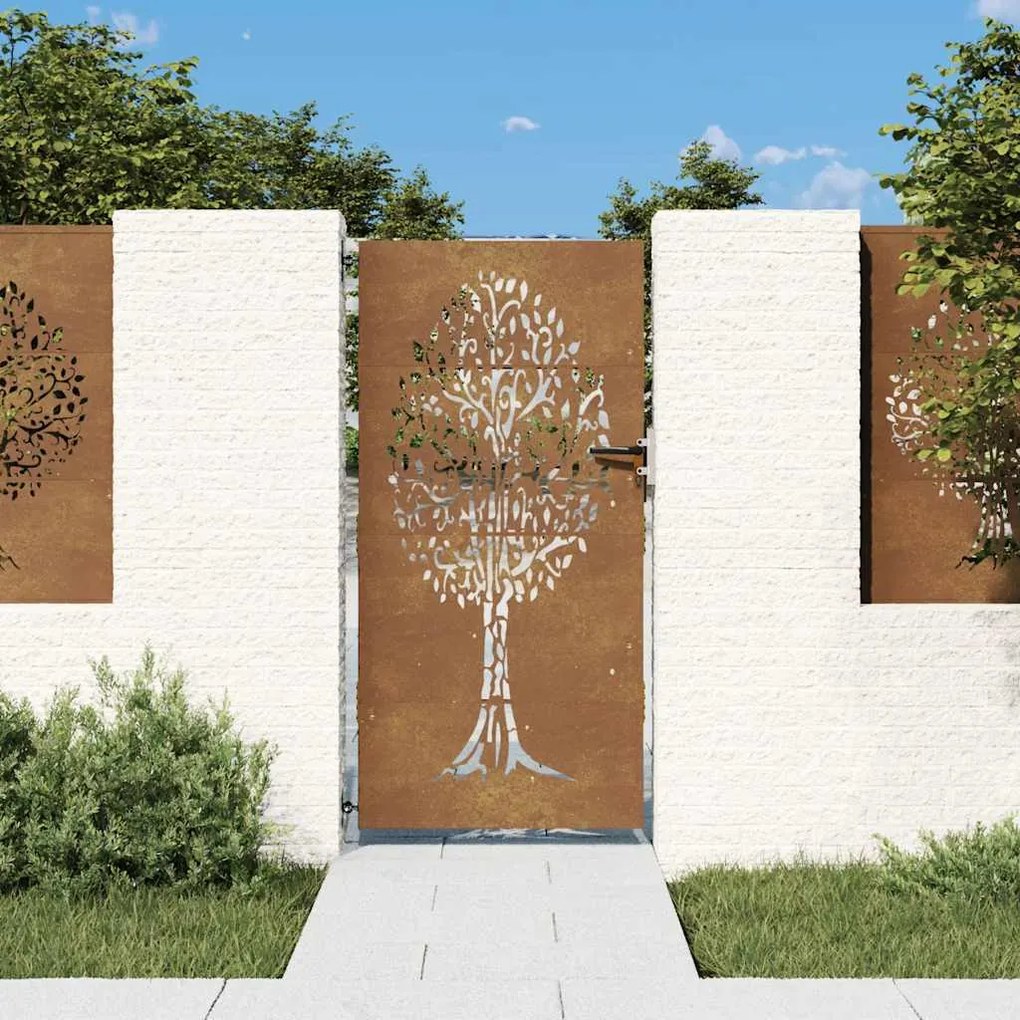 vidaXL Poartă de grădină 85x200 cm, oțel corten, design copac