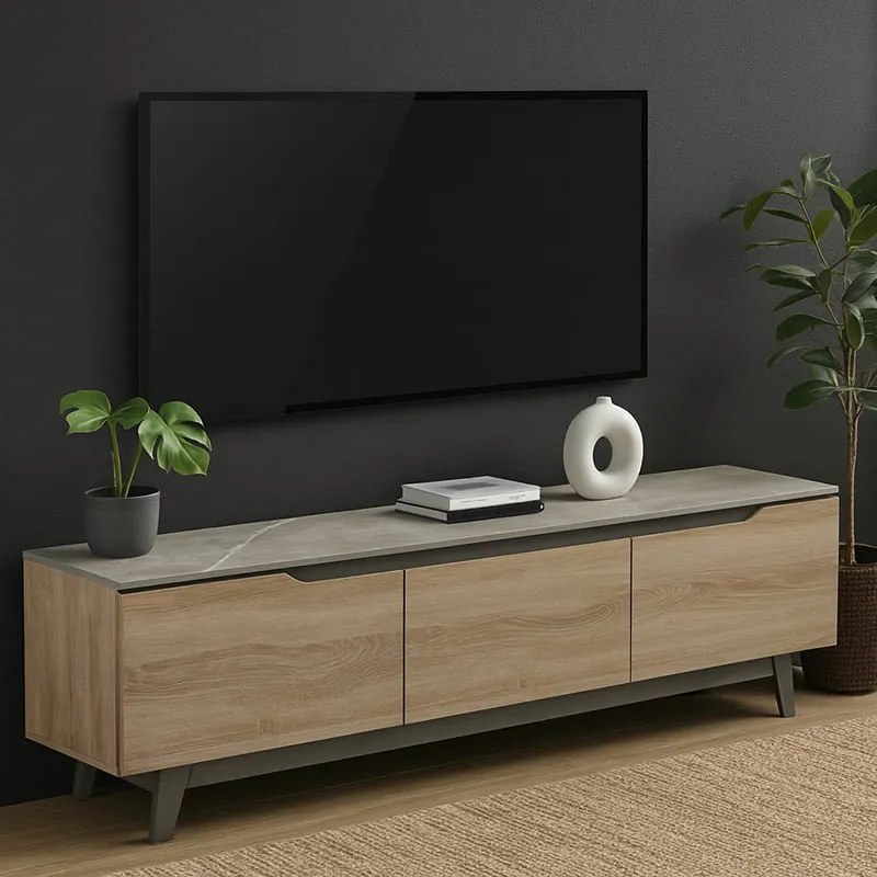 Comoda TV Kasandra, nuanta marmura bej-sonoma, 180 x 35 x 48.5 cm