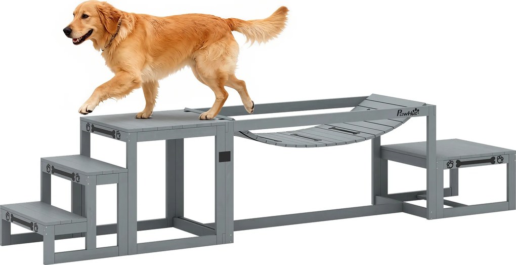 PawHut Set Agility pentru câini Set de 3 piese echipament Agility cu punte, scară, platformă, lemn de brad, 117 x 50 x 56 cm, Gri | Aosom Romania