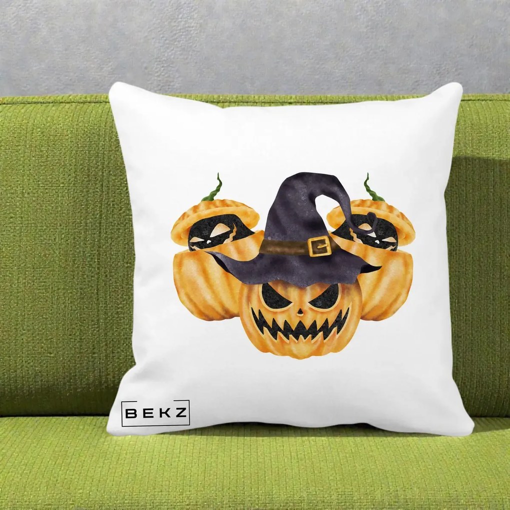 Perna Decorativa Trio Dovleci Jack-o-Lantern cu Palarie Vrajitoare, 40x40 cm, Alba Mata, Husa Detasabila, Perna Inclusa, BEKZ®