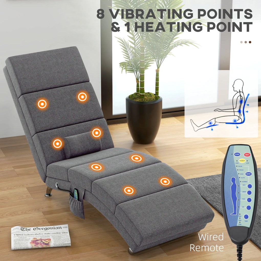 HOMCOM Fotoliu de Masaj cu 8 Puncte Vibrante și Încălzire, 5 Moduri, Temporizator și Telecomandă, Gri | Aosom Romania