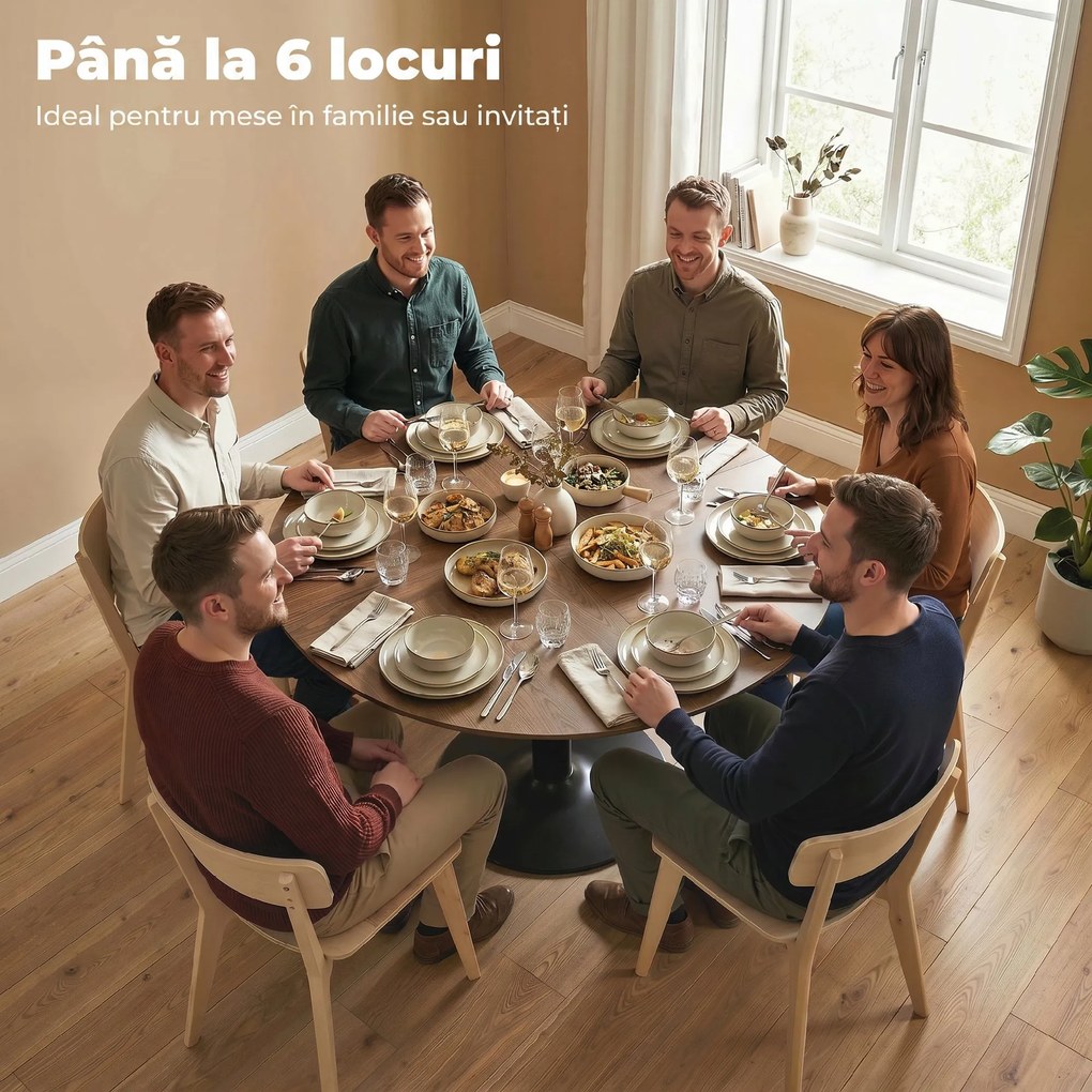 HOMCOM Masă rotundă de dining pentru 6 persoane, Ø110x78 cm, cu bază din oțel, maro cu efect de lemn | Aosom Romania
