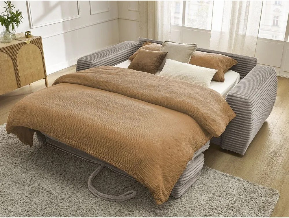 Canapea taupe pentru dormitul zilnic/extensibilă cu tapițerie din catifea reiată 220 cm Hugo – Bobochic Paris