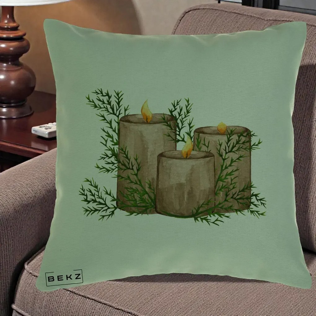 Perna Decorativa Lumanari Rustice cu Crengute Brad, 40x40 cm, Verde, Husa Detasabila, Perna Inclusa, BEKZ®