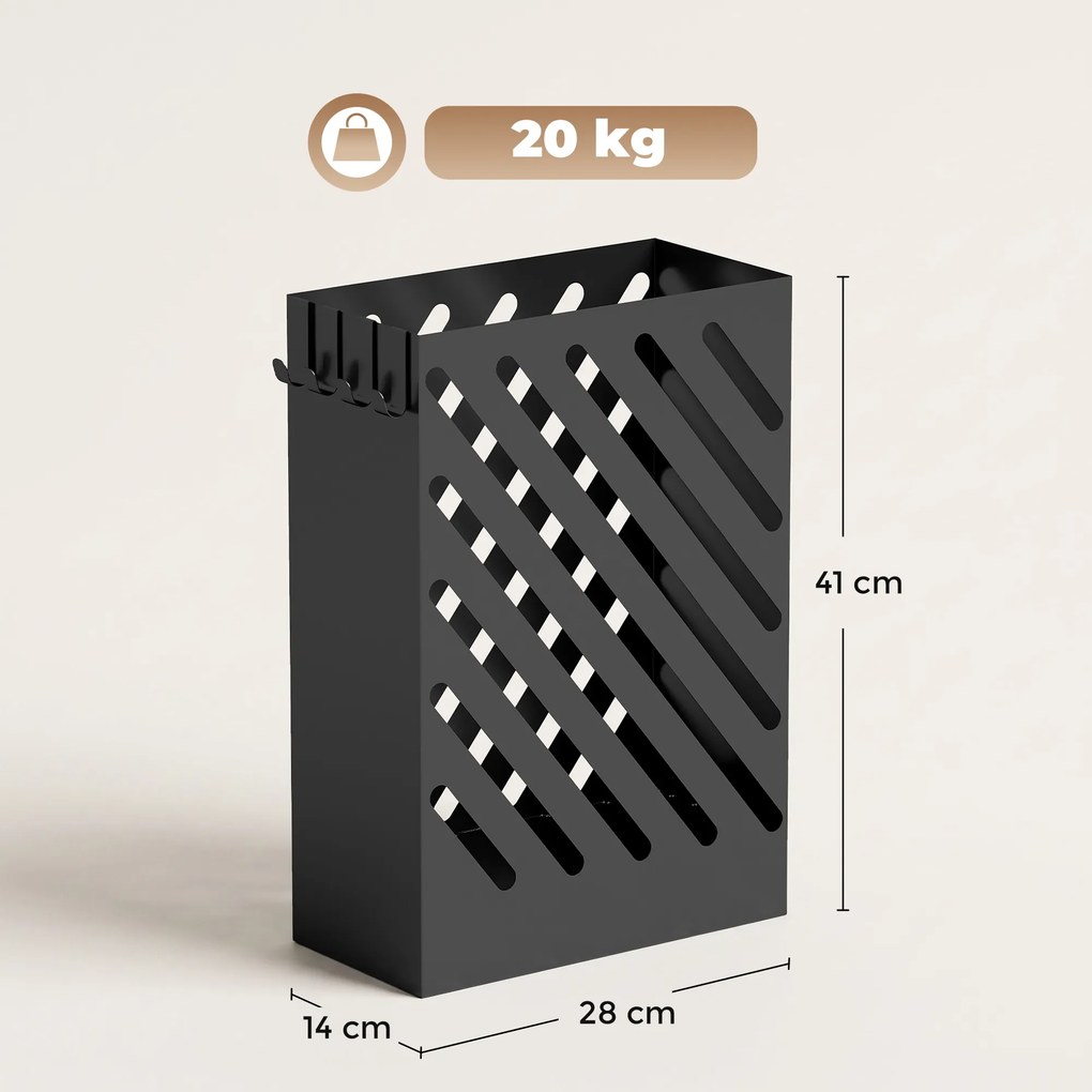 HOMCOM Suport pentru Umbrele de Design cu Tavă pentru Colectarea Picăturilor și 4 Cârlige din Metal, 28x14x41cm, Negru | Aosom Romania