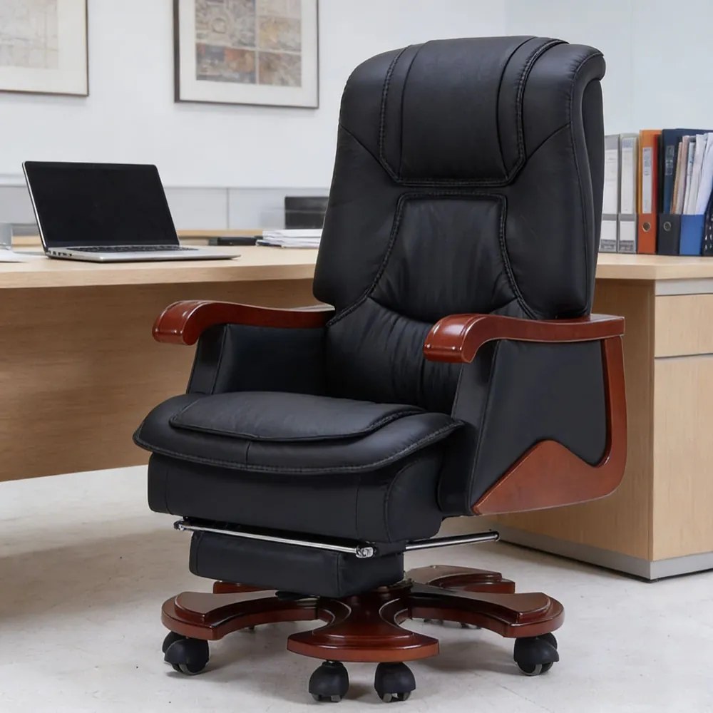 Regal Prestige– Scaun directorial din Piele Naturală si Lemn Masiv, Masaj in 7 puncte, Funcție Încălzire, Înclinare 135°, Suport Picioare Extensibil, Sezut cu Arcuri, Telecomandă, Negru