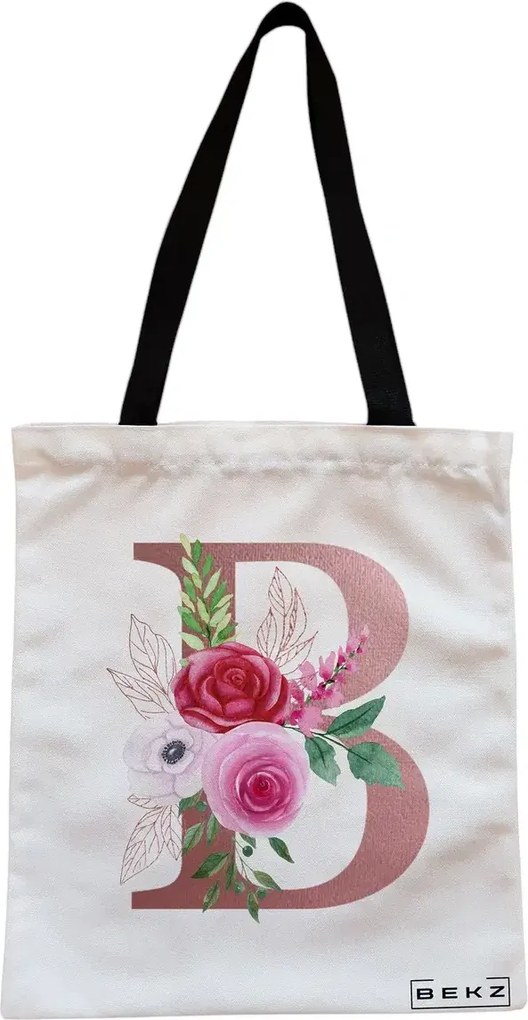 Sacosa de Panza pentru Cumparaturi, Geanta Tote, Cu litera B Rose Gold si Trandafiri, Cu fermoar, 38x34.5 cm, Alba, BEKZ®