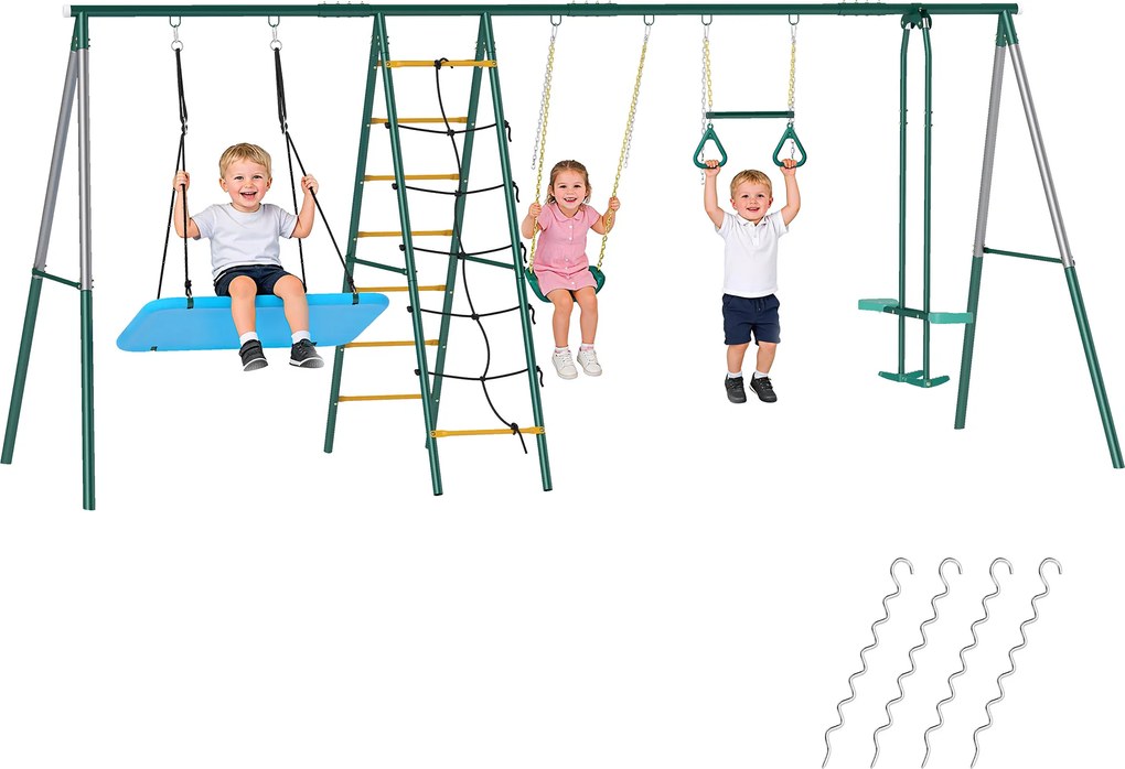 AIYAPLAY Cadru 5-în-1 pentru leagăn cu leagăn-tip-cuib reglabil, inele de gimnastică, scaun dublu, cadru de cățărare pentru 3-8 ani 440x175x203 cm | Aosom Romania