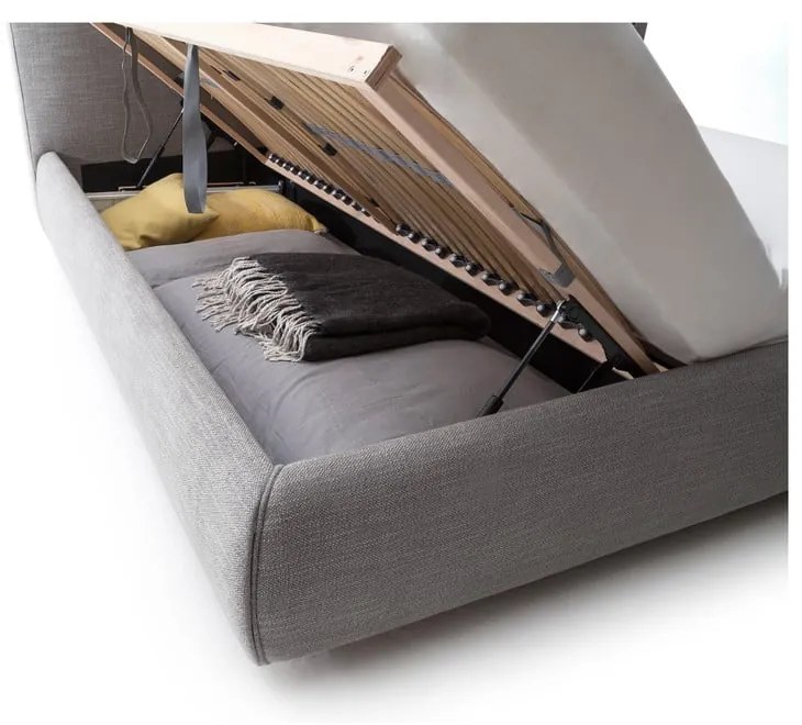 Pat matrimonial gri tapițat cu spațiu de depozitare cu somieră 180x200 cm Atesio – Meise Möbel