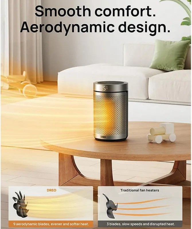 Aeroterma DREO Atom 416, 1500 W, Pana la 20 m², 5 moduri, HeatShield360, Timer, Gri/Negru