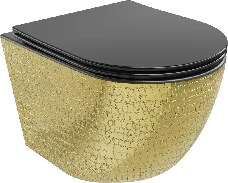 Mexen Lena vas de toaletă WC fără margini cu capac soft-close subțire, duroplast, negru mat/pattern solzi auriu - 30224078