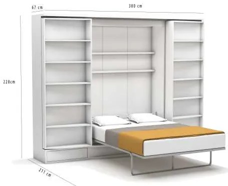 Pat rabatabil Dublu cu biblioteca si dulapuri - Sliding Suit (Suit Bed) 140X200 - Alb Mat