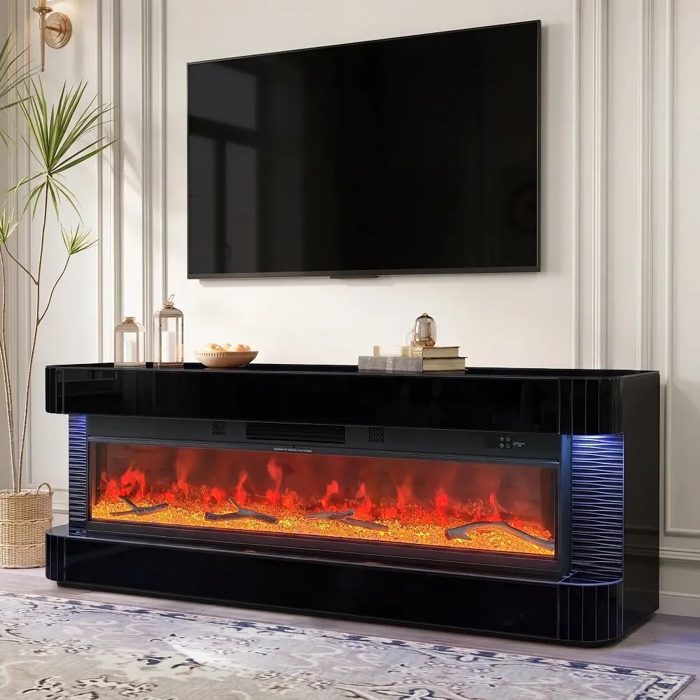 Șemineu Electric cu Flacără LED în 7 Culori, Comodă TV, Bluetooth, Difuzoare Integrate, Iluminare LED Ambientală, Telecomandă, MDF, Finisaj Negru Oglindă