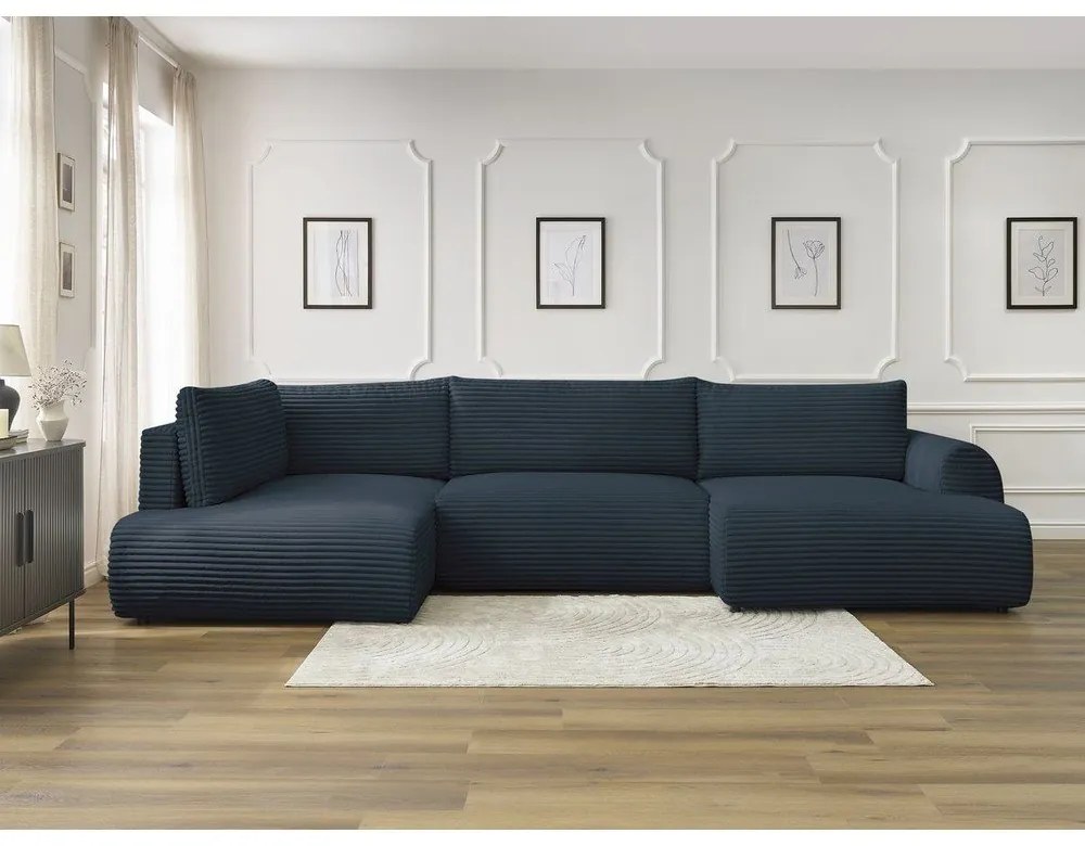 Colțar albastru închis extensibil/cu spațiu de depozitare cu tapițerie din catifea reiată (cu colț pe partea stângă/în formă de "U") Lucien – Bobochic Paris