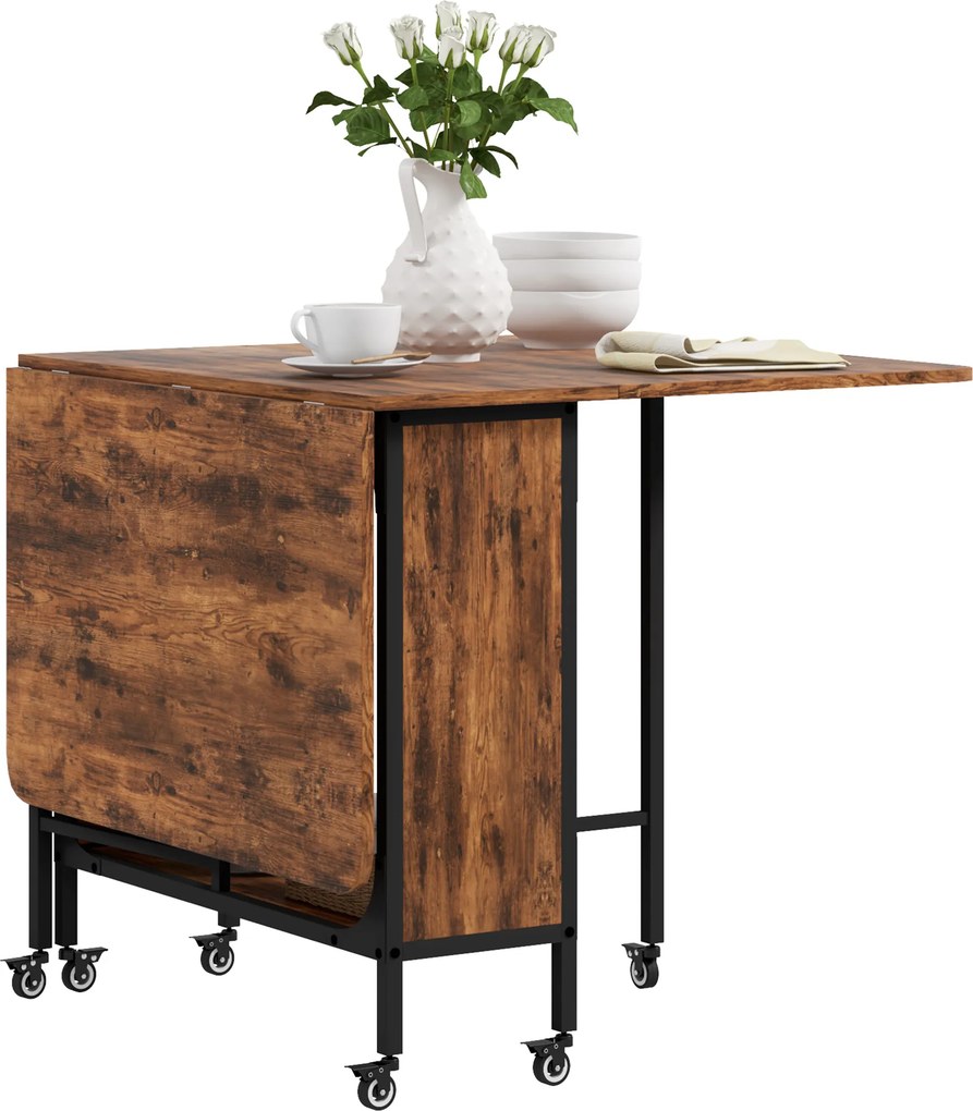 HOMCOM Masă Pliabilă pentru Bucătărie și Sufragerie cu 6 Roți și Raft, Masă de Dining Pliabilă, 80x30x74 cm, Maro Rustic | Aosom Romania