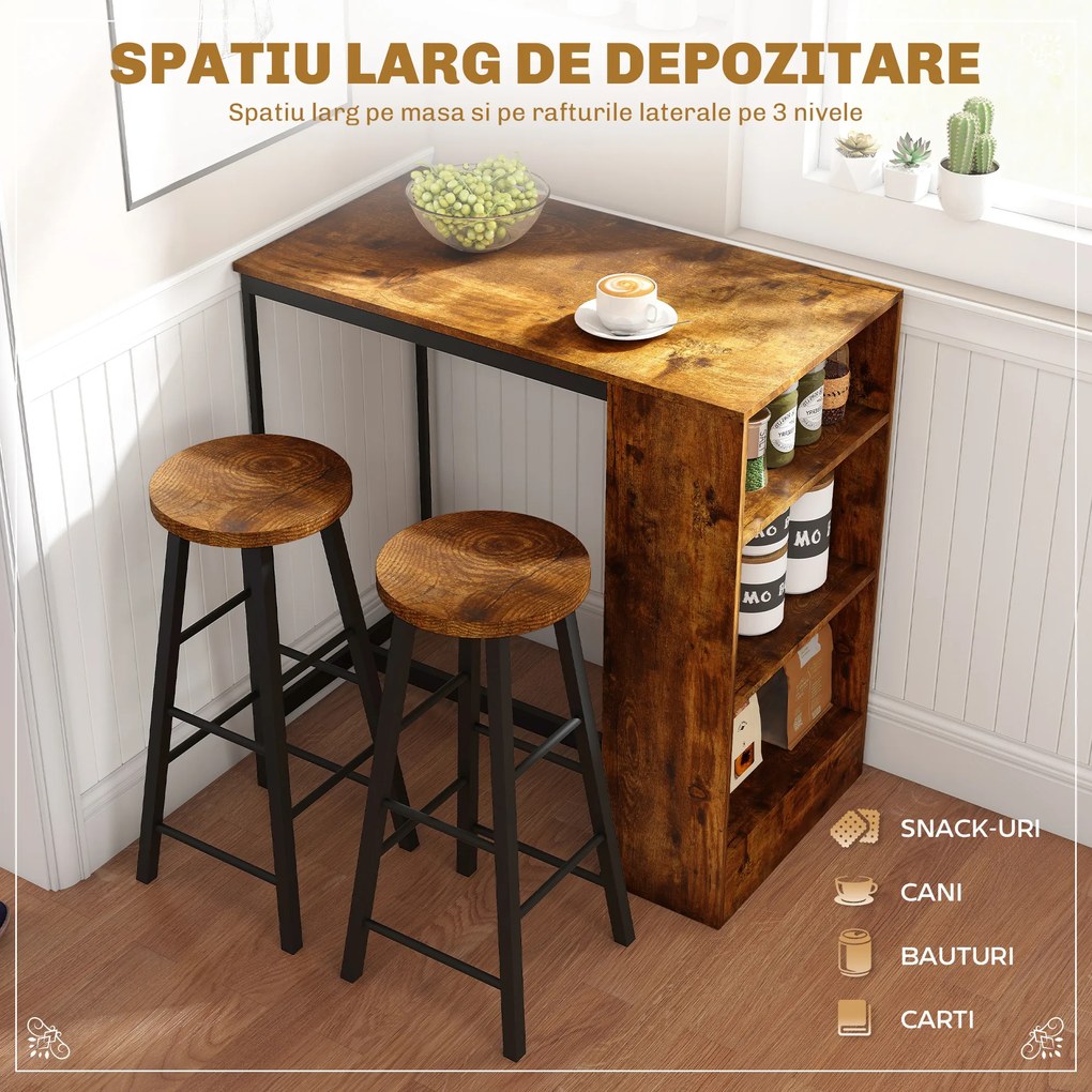 HOMCOM Set de Masă de Bar și Scaune cu Raft de Depozitare, 91x49x91 cm, Maro Rustic | Aosom Romania