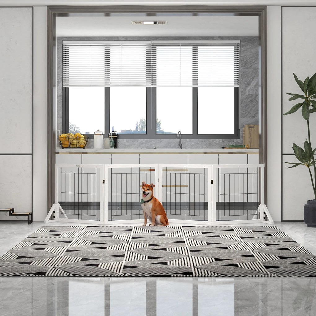 PawHut Poartă Pliabilă pentru Câini, Poartă de Siguranță pentru Animale și Căţei cu 4 Panouri și Picioare Triunghiulare, 280x70 cm, Alb | Aosom Romania