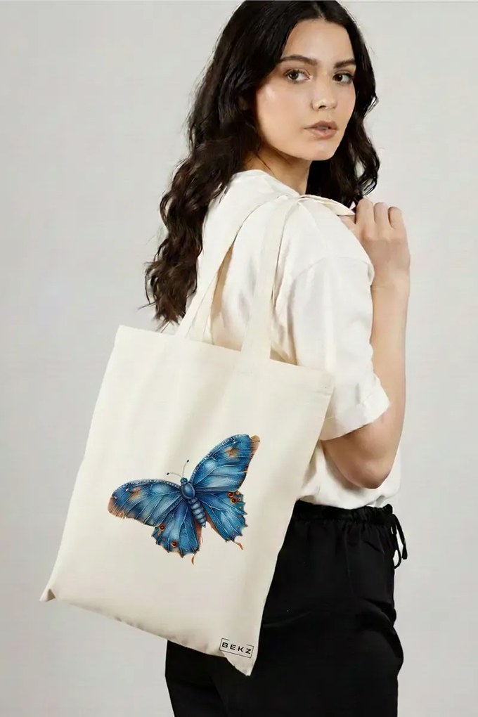 Sacosa de Panza pentru Cumparaturi, Geanta Tote, model Artistic butterflies 3 38 x 34.5 cm, Alba, BEKZ®