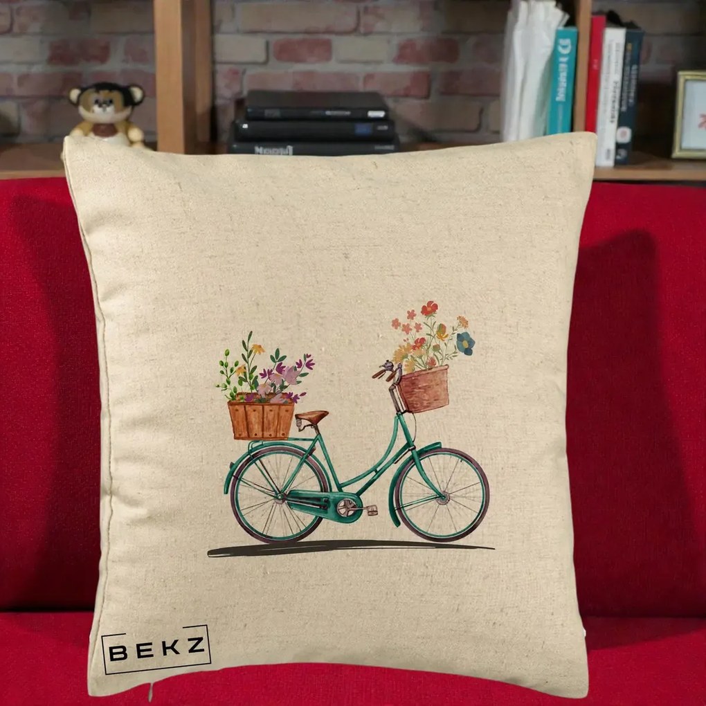Perna Decorativa Bicicleta Florala Turcoaz Acuarela, 40x40 cm, Bej, Husa Detasabila, Perna Inclusa, BEKZ®