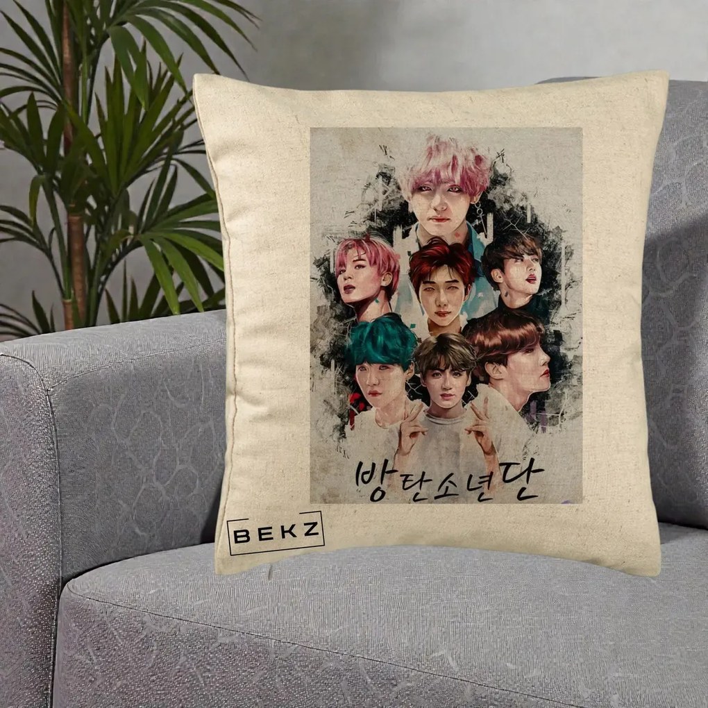Perna Personalizata K-pop BTS Bangtan Boys Poster Artistic Negru Alb, 40x40 cm, Bej, Husa Detasabila, Perna Inclusa, BEKZ®