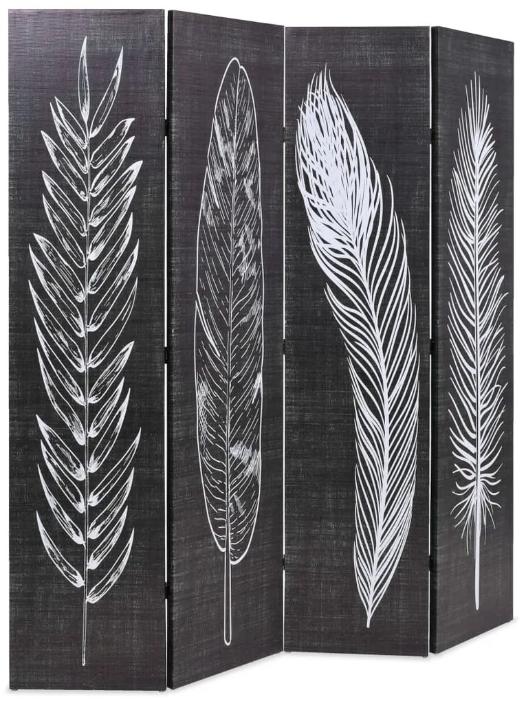 245890 vidaXL Paravan cameră pliabil, negru&alb, 160 x 170 cm, imprimeu pene