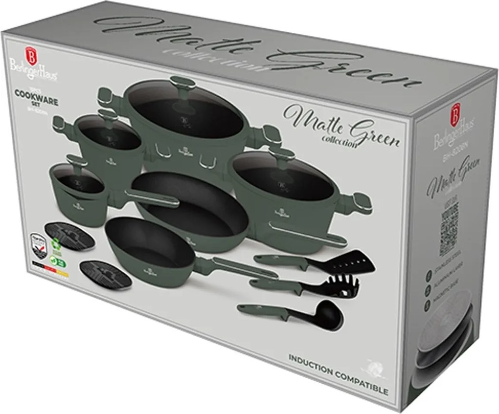 Set oale si tigai cu capace, 15 piese Green Matt Berlinger Haus BH 8208N, verde mat, antiaderente cu titan, inductie