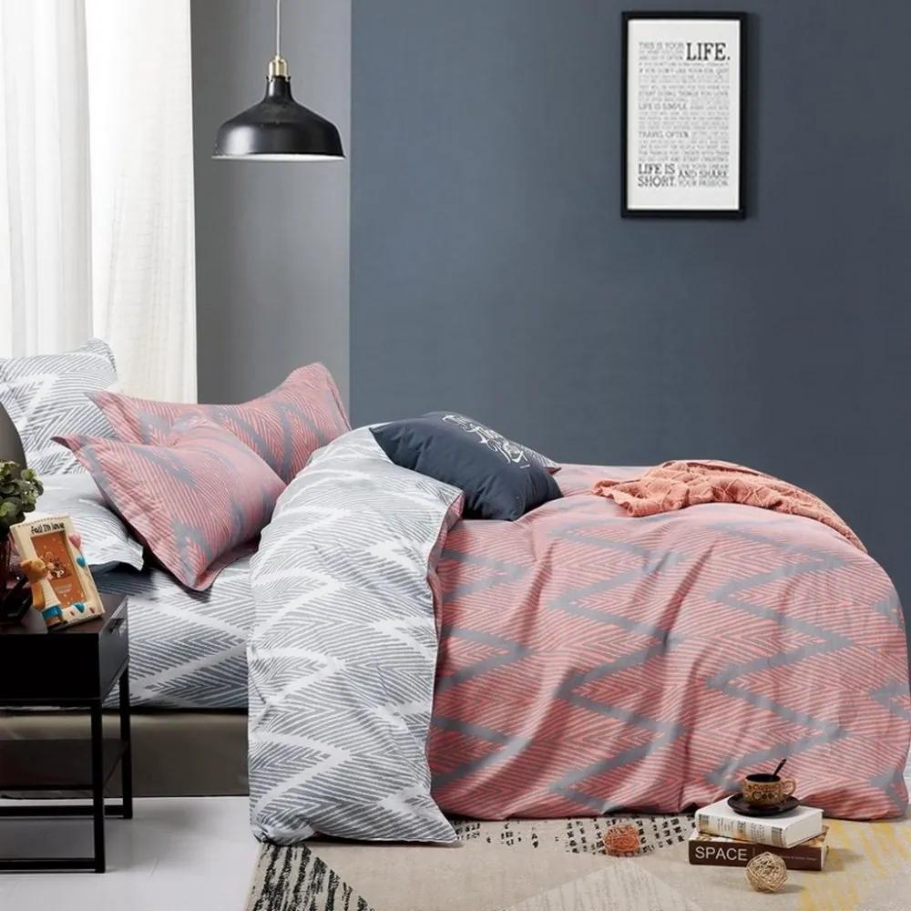 Lenjerie de pat reversibilă, elegantă, roz-gri, în design etno 4 părți: 1buc 160 cmx200 + 2buc 70 cmx80 + cearșaf de pat