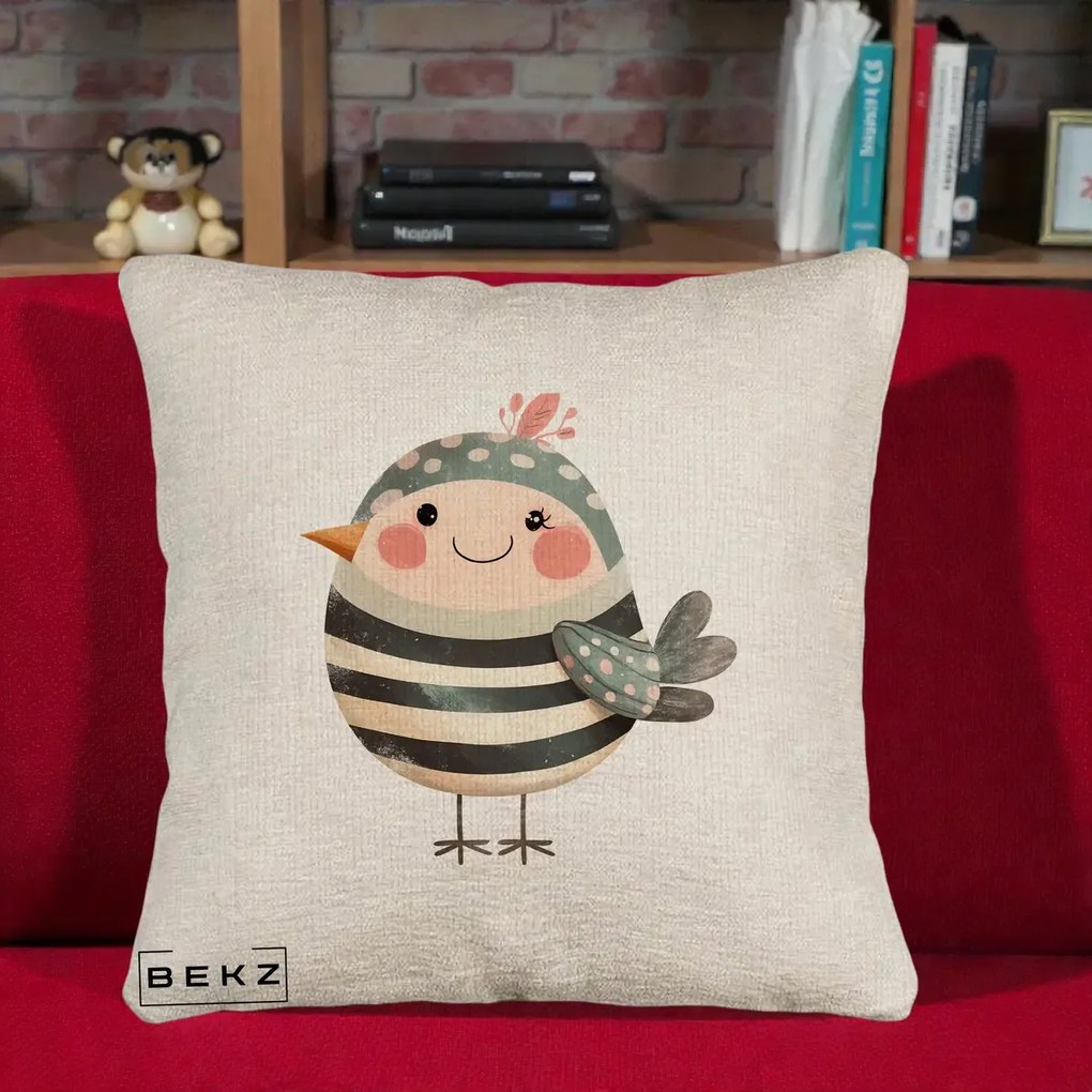 Perna Decorativa Pui Kawaii Teal cu Flori, 40x40 cm, Bej Canapea, Husa Detasabila, Perna Inclusa, BEKZ®