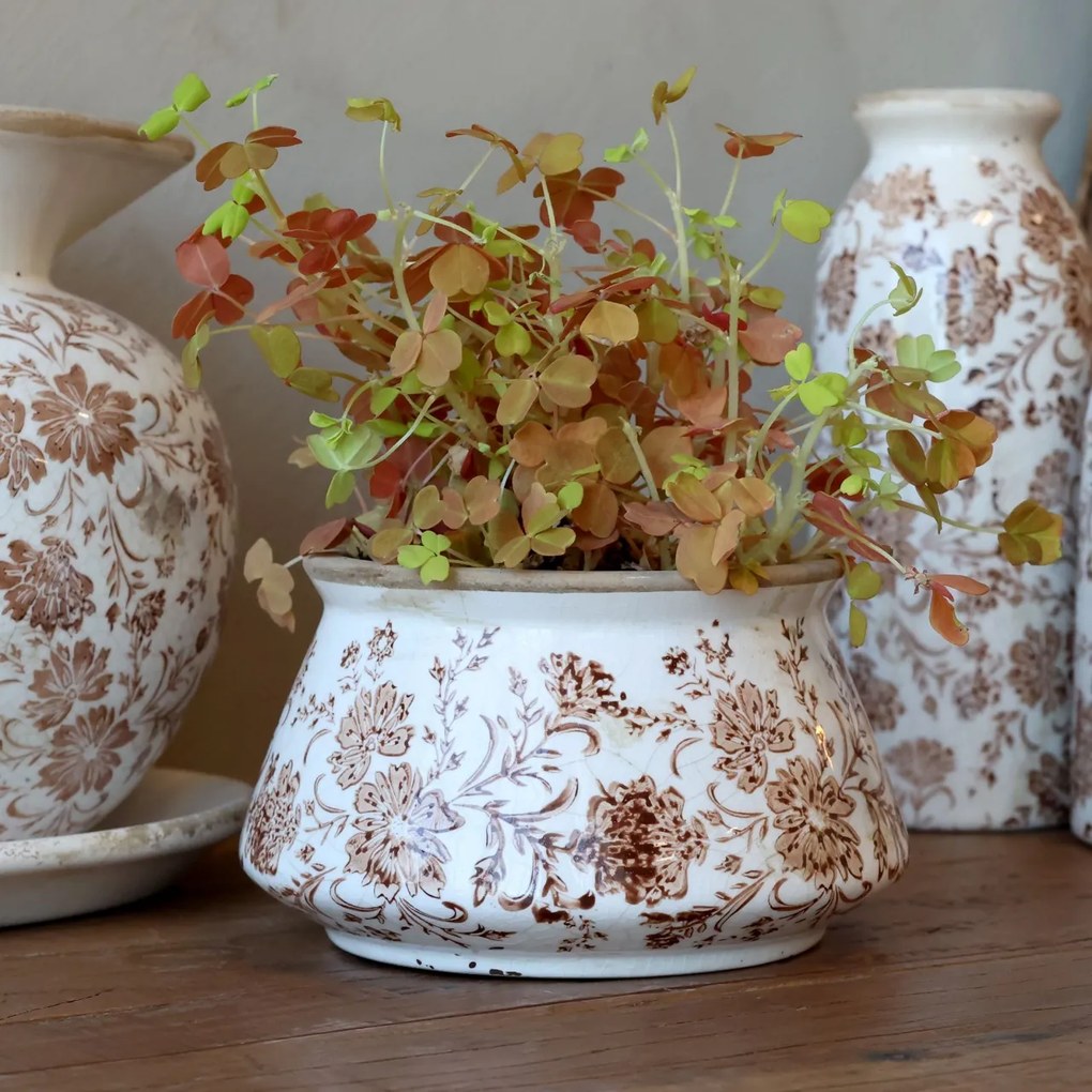 Ghiveci decorativ tronconic alb din ceramică pictată manual, cu motiv floral natur, 14,5x9 cm, „Grenoble"