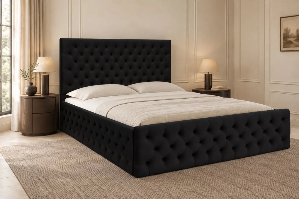 Pat tapițat Monza Deluxe 160×200 cm, negru, cu ladă de depozitare