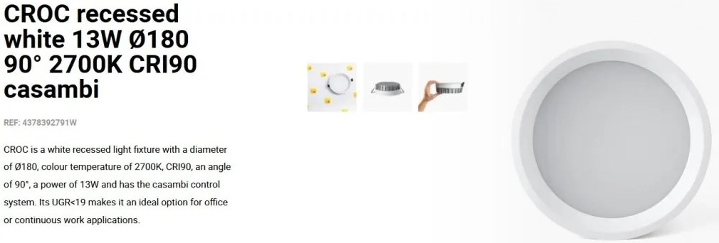 Spot LED incastrabil CROC IP44 recessed white 13W 18cm 90 grade 2700K CRI90 casambi