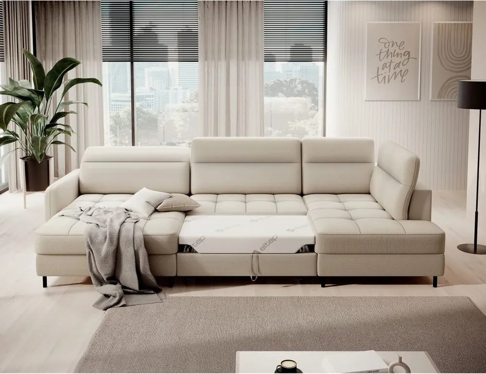 Colțar bej extensibil/cu spațiu de depozitare cu tapițerie din catifea (cu colț pe partea dreaptă/în formă de "U") Berrto – ELTAP