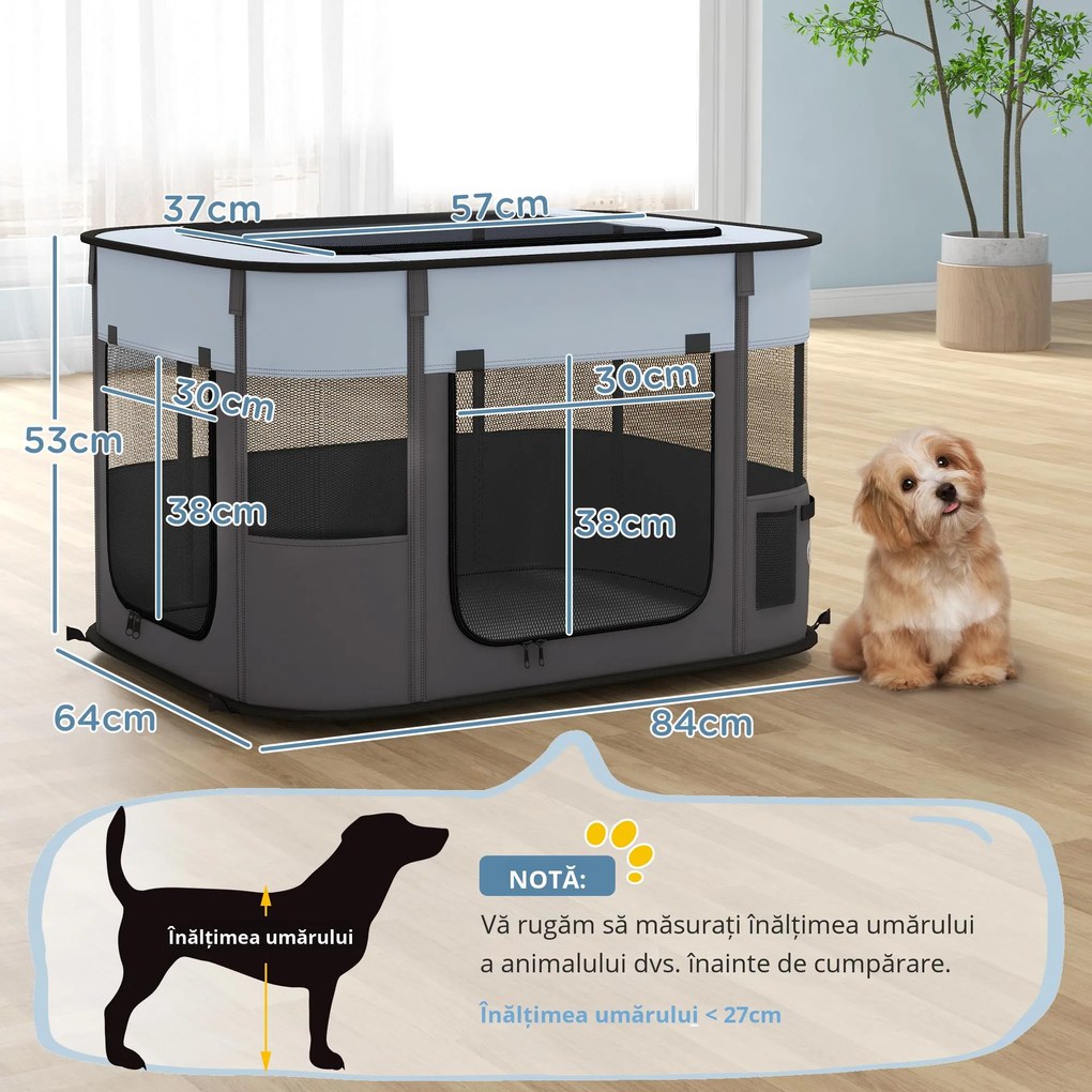 PawHut Țarc de Joacă pentru Animale de Companie, Gard pentru Câini cu 7 Ferestre, 3 Uși și 2 Pungi de Depozitare, 84x64x53 cm, Negru | Aosom Romania