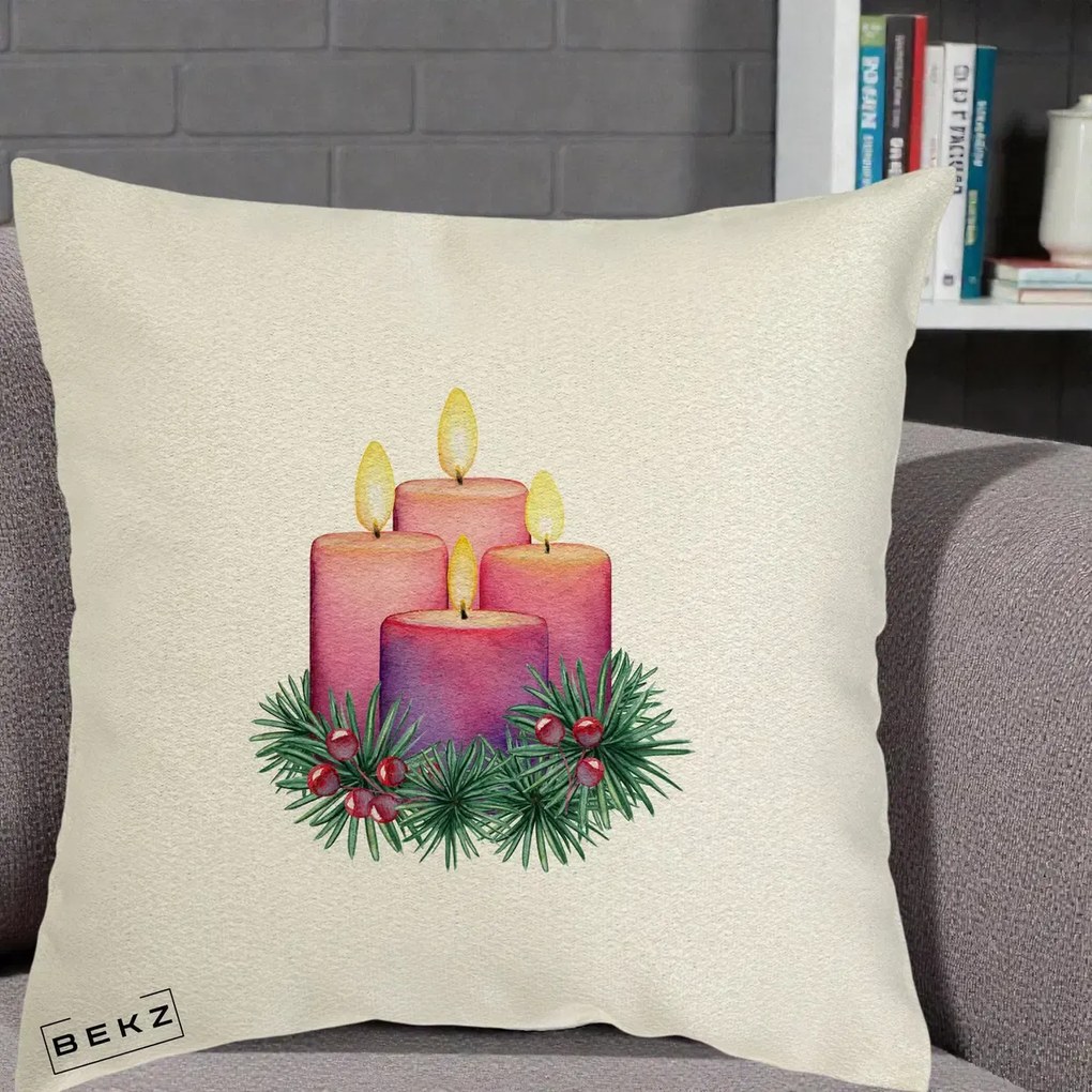 Perna Decorativa Lumanari Advent Roz-Violet, 40x40 cm, Ecru, Husa Detasabila, Perna Inclusa, BEKZ®