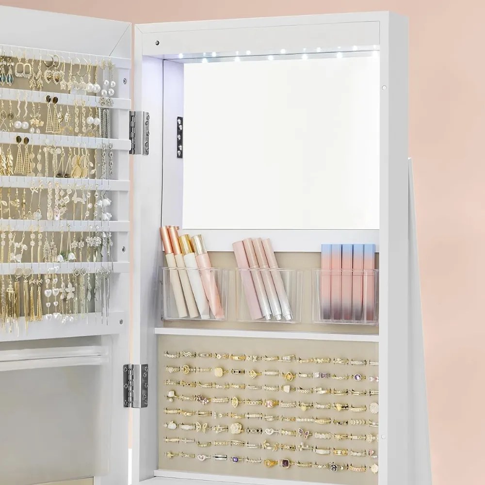 Oglindă cu suport și spațiu pentru bijuterii CHANTAL, 54,5×54,5×162 cm, albă SongmicsHome