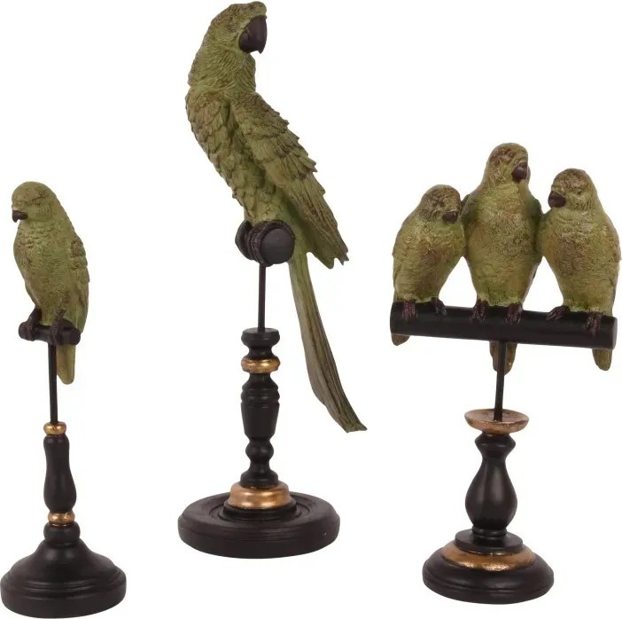 Statuetă decorativă din polirășină, trei papagali verzi pe stinghie neagră, picior sculptat cu detalii aurii, 33,5 x 18 x 10,5 cm, „Perruche