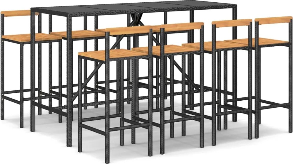 vidaXL Set bar pentru grădină, 9 piese, negru, poliratan/lemn acacia