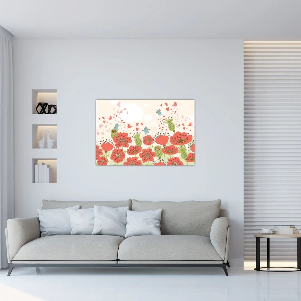 Tablou - Păsări pe o pajiște înflorită (90x60 cm)