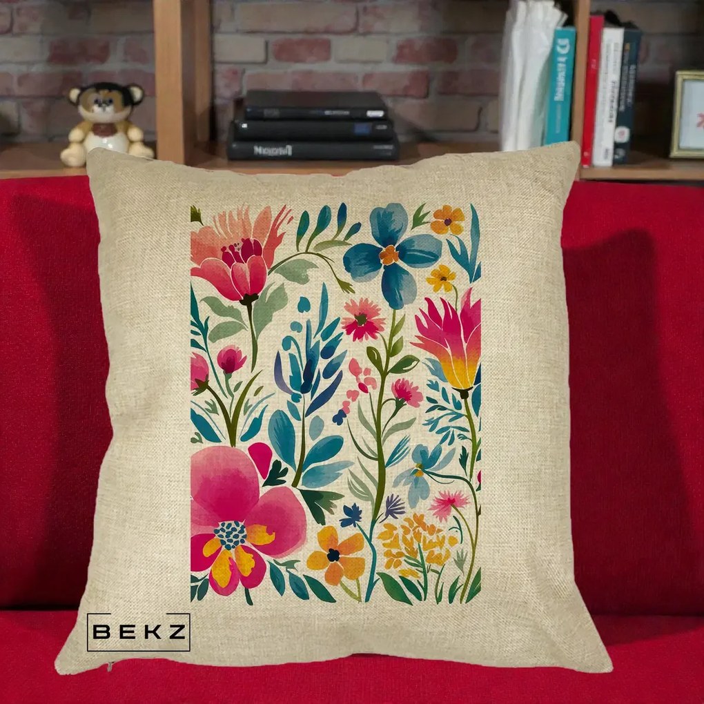 Perna decorativa cu flori: Gradina Florala Acuarela Colorata, 40x40 cm cu Umplutura, Crem, BEKZ