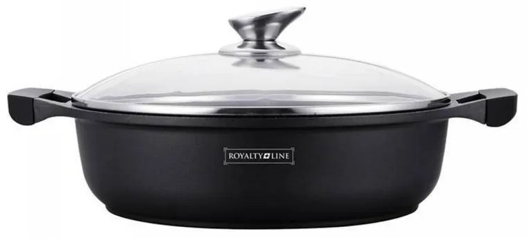 Vas de gatit cu capac Royalty Line RL-BR30ML, 30 cm, 4,8 L, Strat antiaderent din marmura, Fara PFOA, Inductie, Negru