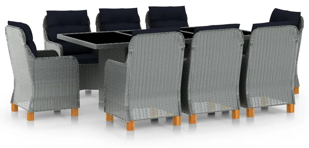 Set mobilier exterior cu perne, 9 piese, gri deschis, poliratan