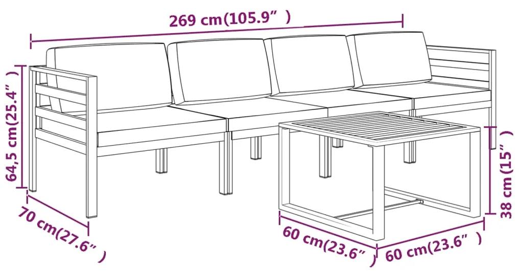 Set mobilier de gradina cu perne, 5 piese, antracit, aluminiu 2x mijloc + 2x colt + masa, 1