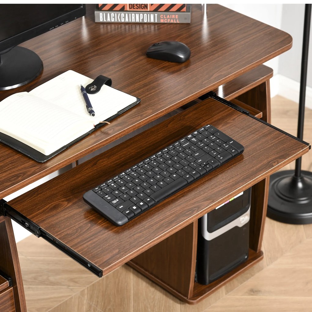 HOMCOM Masă de Birou Modernă cu Suport pentru Computer, Sertare, Poliță Extensibilă și Suport pentru Tastatură, 120x55x85 cm, Maro | Aosom Romania