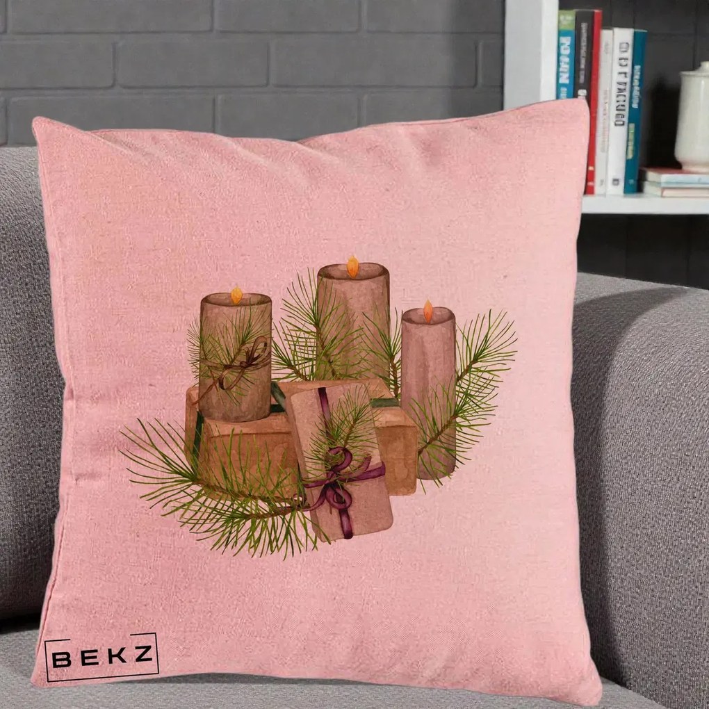 Perna Decorativa Lumanari cu Cadouri Naturale, 40x40 cm, Roz, Husa Detasabila, Perna Inclusa, BEKZ®