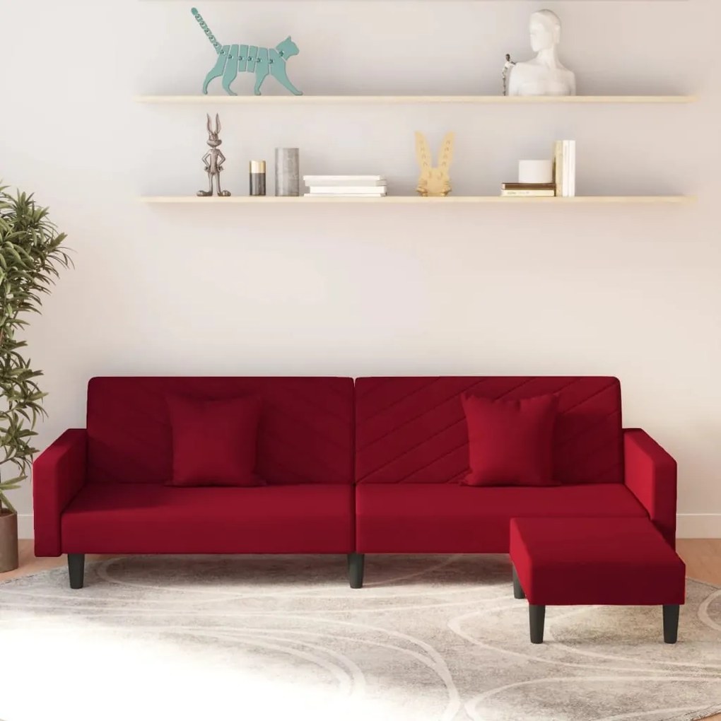 3081848 vidaXL Canapea extensibilă 2 locuri,2 perne&taburet, roșu vin, catifea