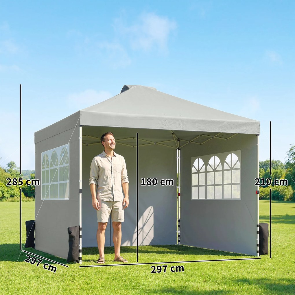 Outsunny Pavilion 3x3 m impermeabil reglabil pe înălțime pop-up pliant cu 3 pereți laterali ferestre ventilație, UV 50+ Gri deschis | Aosom Romania