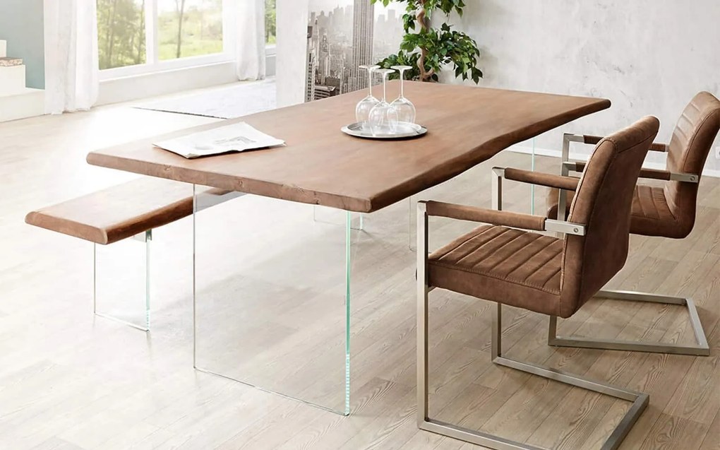 Masă lemn masiv Dining Roger Stejar Picioare Sticlă 200/220/240/, 260 × 100 × 78 cm - 180x80
